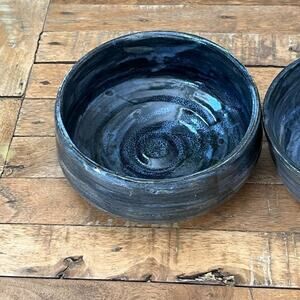 Art Studio Pottery Handmade Ceramic Bowls Blue & White Spiral Gloss Finish